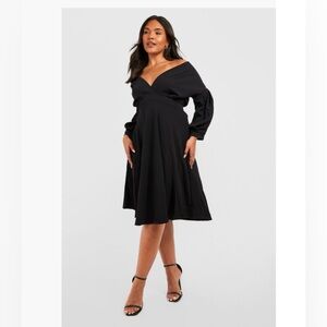 Boohoo black off shoulder deep V neck wrap midi dress size 14